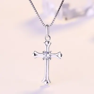 Women's 925 Sterling Silver Cross Crucifix Crystal Pendant Necklace 18  Chain S2 • $12.95