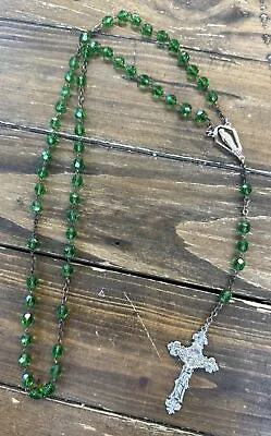 Vintage Aurora Emerald Green Color Glass Crystal Beads Silver Tone Rosary • $19.99