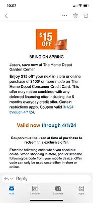 Home Depot Garden Center $15 Off In-Store Or Online Purchase Of $100+ Exp 4/1/24 • $5