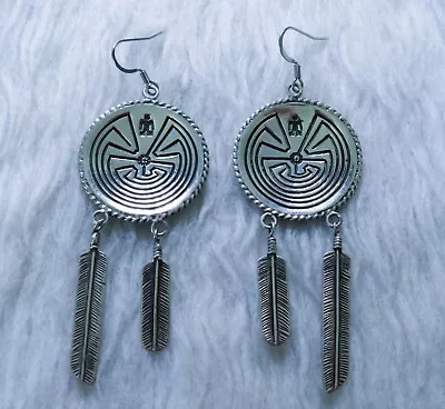 Sterling Hopi Navajo  AC  Sign Man In The Maze Dangle Concha Earrings • $45