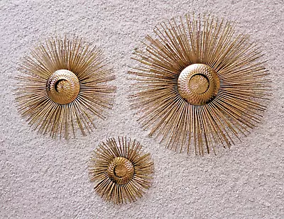 Set Of 3 MCM Vintage Atomic Starburst Gold Tone Metal Wall Hangings Retro • $99.99