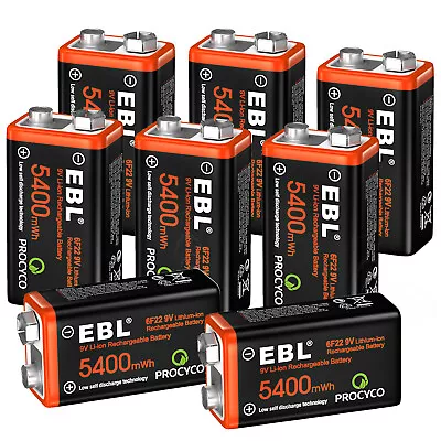 EBL 9V Batteries 1-8 Packs 9-Volt 6F22 Lithium Ion Rechargeable Battery • £29.99