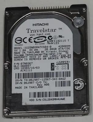 Hitachi Travelstar IC25N020ATCS04-0  20 GB PATA 2.5  Laptop HDD • £2