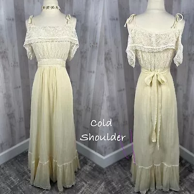 Vintage 1970s Prairie Dress Gauze Cotton Boho Gunne Sax Style Pale Yellow Small • $59.95