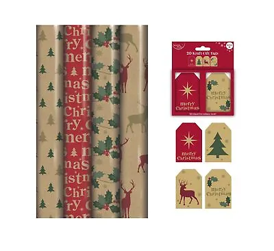 £7.99 • Buy Kraft Brown Eco Christmas Gift Wrapping Paper 4 X 4M Rolls + Tags Stag Tree Holy