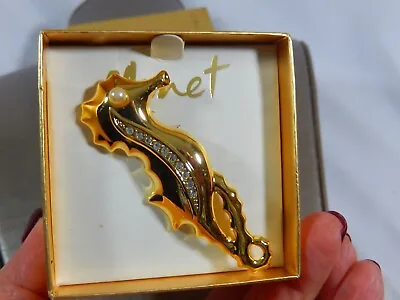 Monet New Old Stock In Box Large Seahorse Swarovski Crystal Faux Pearl Gt Brooch • $20