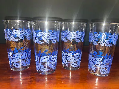 Set Of 4 Blue And Gold Leaf Drinking Glassware MCM Mid Century Modern • $9.99