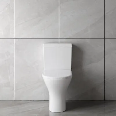 Bathroom Close Coupled Toilet Soft Close Seat Modern White Round Ceramic WC Pan • £123.96