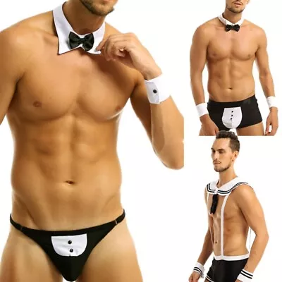 US Sexy Mens Waiter Gentleman Underwear Costume Sets Tuxedo Bow Tie Collar Thong • $9.17