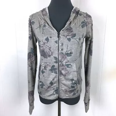 Venus Distressed Hoodie Jacket Women S Gray Floral Polyester Zip 36x21 • $10.18