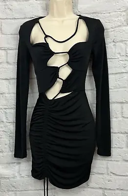 Bershka Mini  Bodycon Dress Black Size S Ruched Sides Tie Laces Front Revealing • £14.02