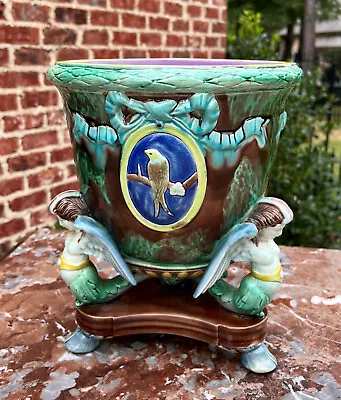 Antique French Majolica Cache Pot Planter Bowl Footed Jardiniere Angels Birds • $1100