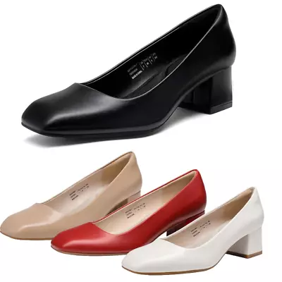 Women Low Chunky Block Heel Square Close Toe Office Work Slip On Pump Shoes • $27.19