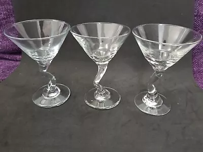 3 Vintage Libbey Clear Glass Wavy Stem Martini Margarita Cocktail Glasses • $30