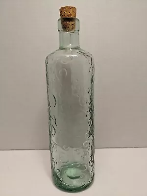 Antique Vintage Green Glass Bottle With Cork Decorative Embossed Swirl Blue Aqua • $19.99
