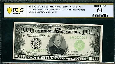 Us $10000 1934 Fed New York Fr# 2231-b Julian Morgenthau Lgs Pcgs 64 Choice Unc • $279000