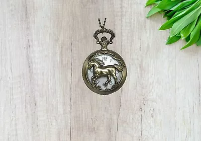 Horse Pendant Pocket Watch Quartz Necklace Antique Bronze W/Chain - New • $12.45