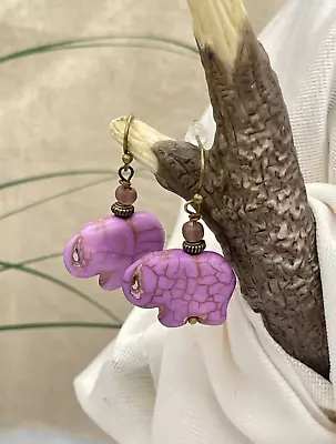 Elephant Earrings Purple Stone Bronze Dangle Drop Earrings 1-1/4  Safari • $7.99