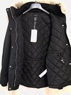 ZARA Trafaluc Outerwear Fur Trim Hood Quilt Lined Black Parka Jacket M NWT $119 • $75