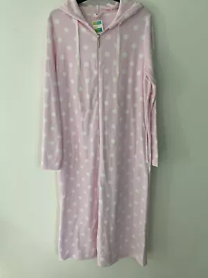 Ladies M & S Zipped Dressing Gown With Hood Pink With White Spots Size12-14 • £7.50