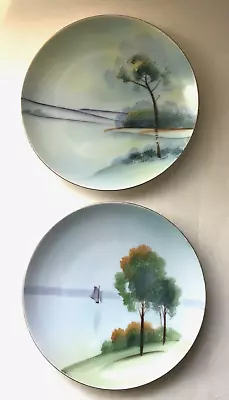 2 Vtg MEITO Hand Painted China Plates Lake Water Landscape Scenes Pale Blue 6.5  • $16.98