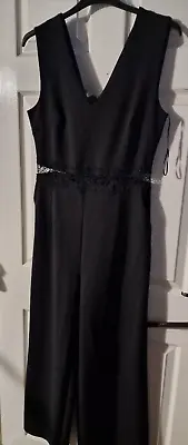 QED London Jumpsuit Black Lace Waist Style Wide Leg  - Size L 14 (REF6) • £9.99