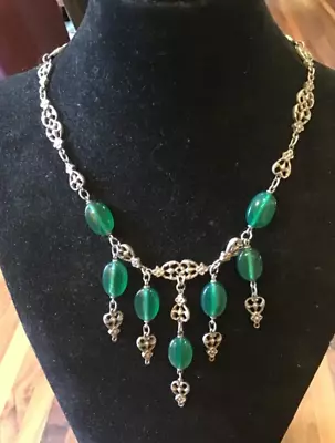 ANTIQUE 1920s BAROQUE STERLING HEART & FLOWER CHRYSOPRASE DANGLE BIB NECKLACE • $195