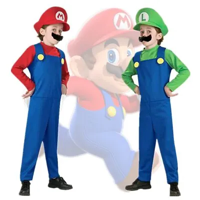 Super Mario Luigi Deluxe Boy Girls Costume Jumpsuit Hat Gloves Kids Halloween • $18.98