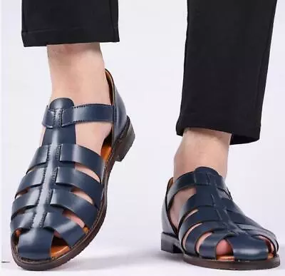 Roman Mens Sandals Ankle Buckle Hollow Out Closed Toe Shoes Stylish Summer Flats • £39.59