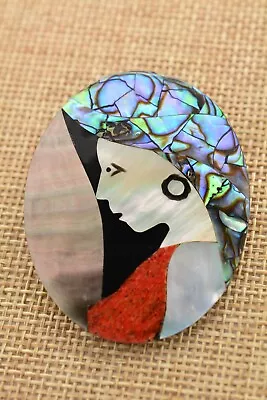 Vintage Cameo Pin Abalone Shell Inlay Woman Profile Handcrafted Artistic BinV • $22.36