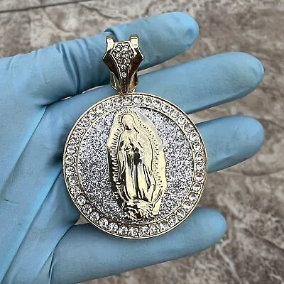 Mary Coin Pendant La Virgen De Guadalupe Simulated CZ Gold Plated Silver Glitter • $14.95