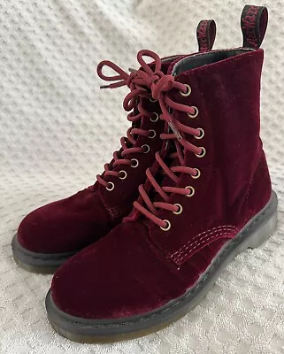 Dr Doc Martens Page Combat 8 Eye Lace Up Boots Cherry Red Velvet US Size 7 *MINT • $149