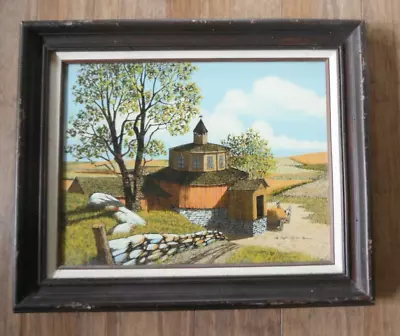 Vintage Signed H. Hargrove Framed Serigraph Oil Painting Round Wood Farm Barn • $25