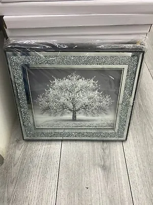 Crushed Diamond Silver Blossom Tree Picture Crystal Liquid Art Wall Hung Frame • £34.99