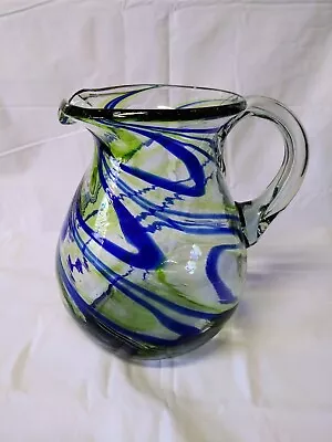 Mexican Handblown Art Glass Pitcher Cobalt Blue & Green Swirl   9  Tall • $15.88