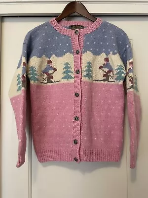 Vintage 80s Women’s Medium Eddie Bauer Apres Ski Wool Cardigan Sweater Pink Blue • $60