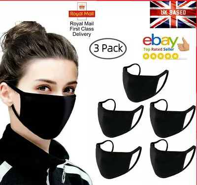 3x Pack Cotton Face Mask Fabric Black Cover Washable Reusable Unisex Mens Womens • £3.16