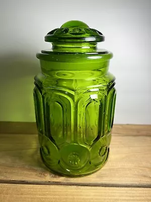 Vtg 9.5  LE Smith Green GLASS Moon & Stars Large Apothecary Canister Jar W/ Lid • $50
