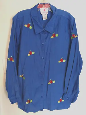 Quacker Factory Womens Shirt XL Blue Corduroy Apples Button Top Long Sleeve Work • $20