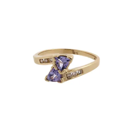 Trillion Cut Tanzanite Diamond Bypass Ring 14K Yellow Gold 0.58 CTW SZ 7 Estate • £270.03