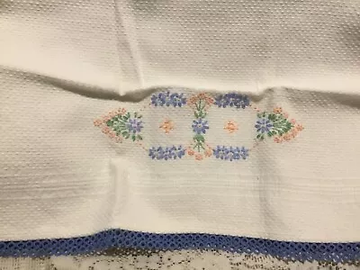 Vintage Hand Embroidered Towel Cottagecore Blue Flowers 21 X 13 • $7.50