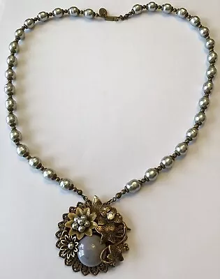 Miriam Haskell Signed Light Gray Baroque Pearl Rhinestone Pendant Necklace • $249