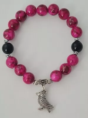 Deep Pink And Black Acrylic Bead Bracelet Raven Bird Charm Wicca Gothic Pagan • £3.99