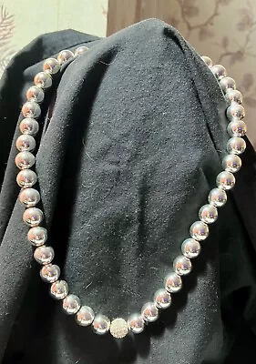 44cm Silver Tone M&S Bead Choker Necklace With Sparkly Centre Bead • £1.25