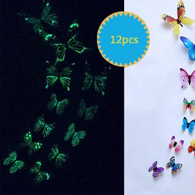 $3.62 • Buy 12Pcs 3D Luminous Simulation Butterfly Wall Sticker Glow In The Dark Decal Home