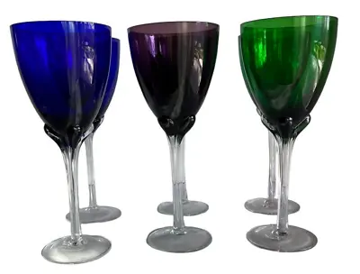 Murano  Wine Goblet Hand Blown Glass Blue Green Purple 9.75” Height  Set Of 6 • $54