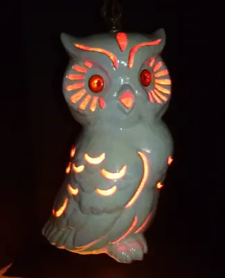 Vtg 70s HUGE Ceramic Owl Swag Lamp Iridescent White W/ Orange Gravel Accents • $159