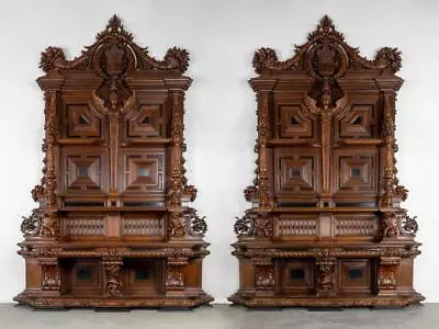 Monumental Matched Pair Italian Castle Buffets In Solid Oak Inscribed By Maker • $750000