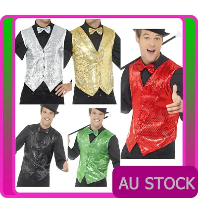 Mens Magician Costume Sequin Vest Waistcoat Dance 20s Mardi Gras Ringmaster • $21.39