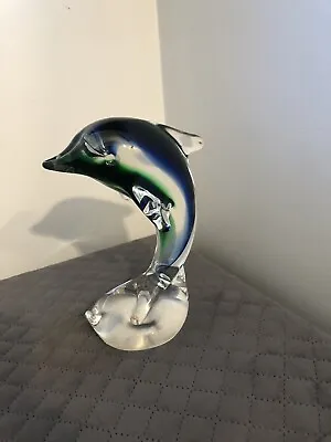 Murano Dolphin Glass Figurine Cobalt Blue Green Clear Animal Stand Art 6C • $42